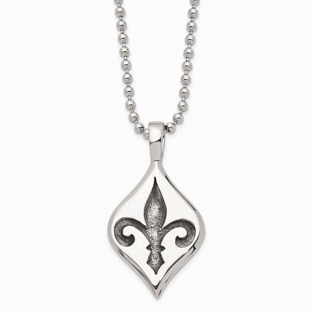 Stainless Steel Antiqued & Polished Fleur de lis Necklace