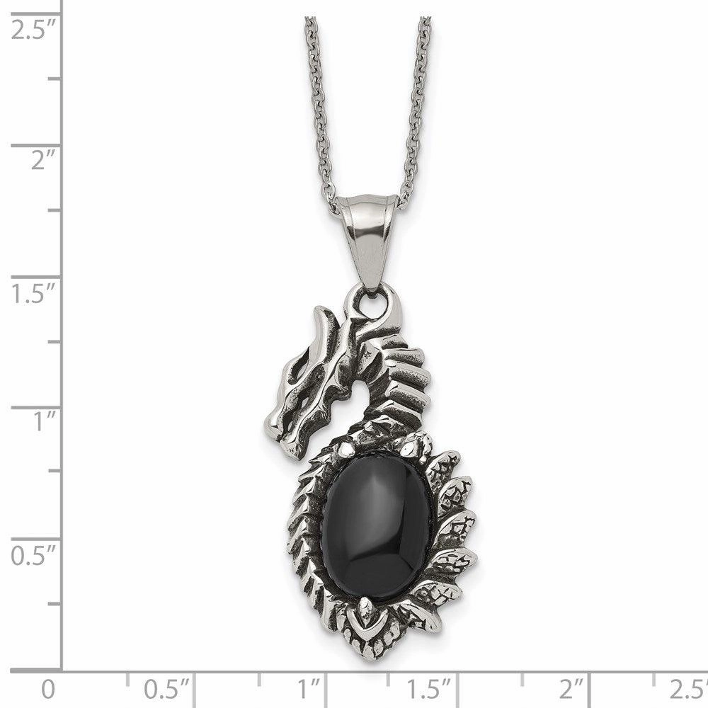 Stainless Steel Antiqued & Polished w/ Black Glass Dragon Necklace