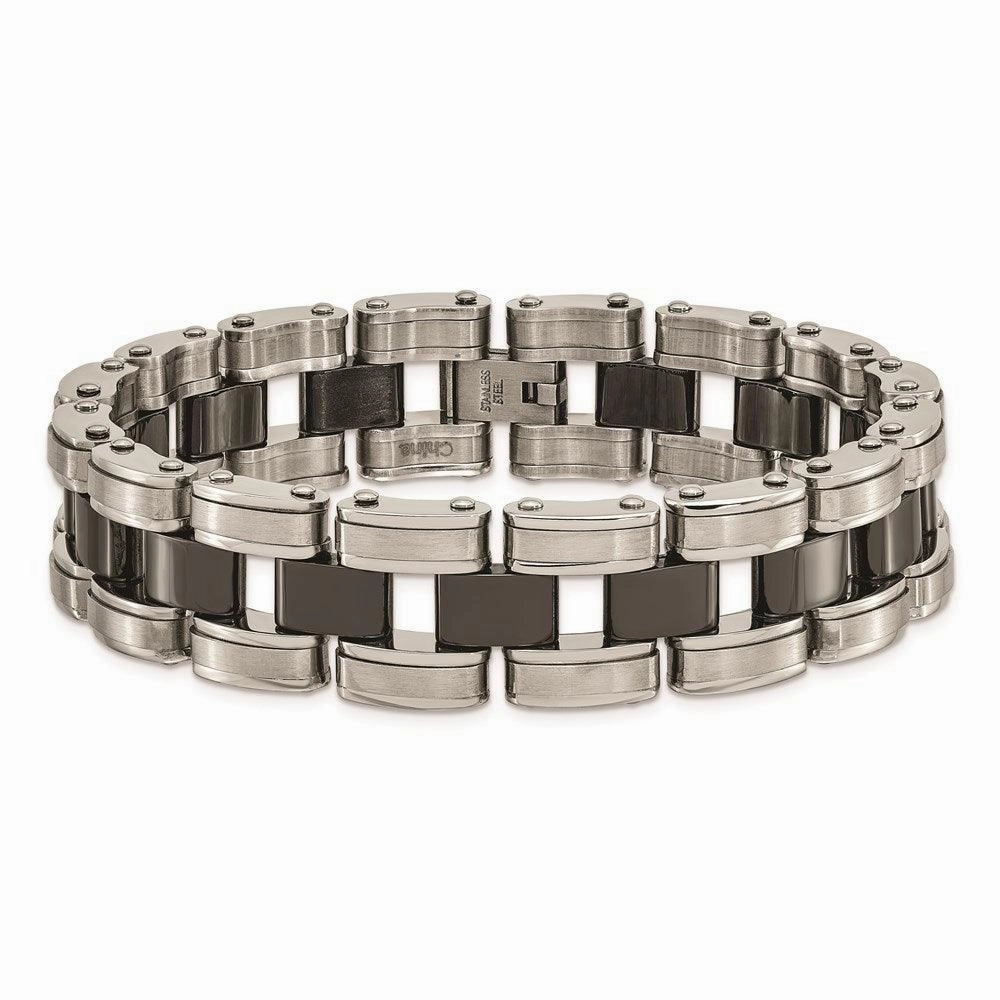 Stainless Steel Brushed & Polished w/Black Ceramic Link Bracelet