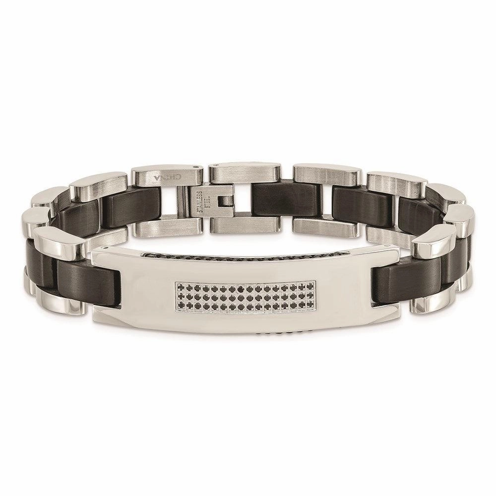 Stainless Steel Brushed and Polished Black IP-plated and CZ Bracelet