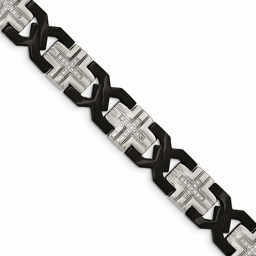 Stainless Steel Brushed and Polished Black IP-plated w/ CZ Bracelet