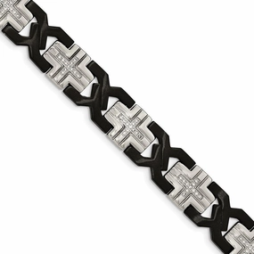 Stainless Steel Brushed and Polished Black IP-plated w/ CZ Bracelet