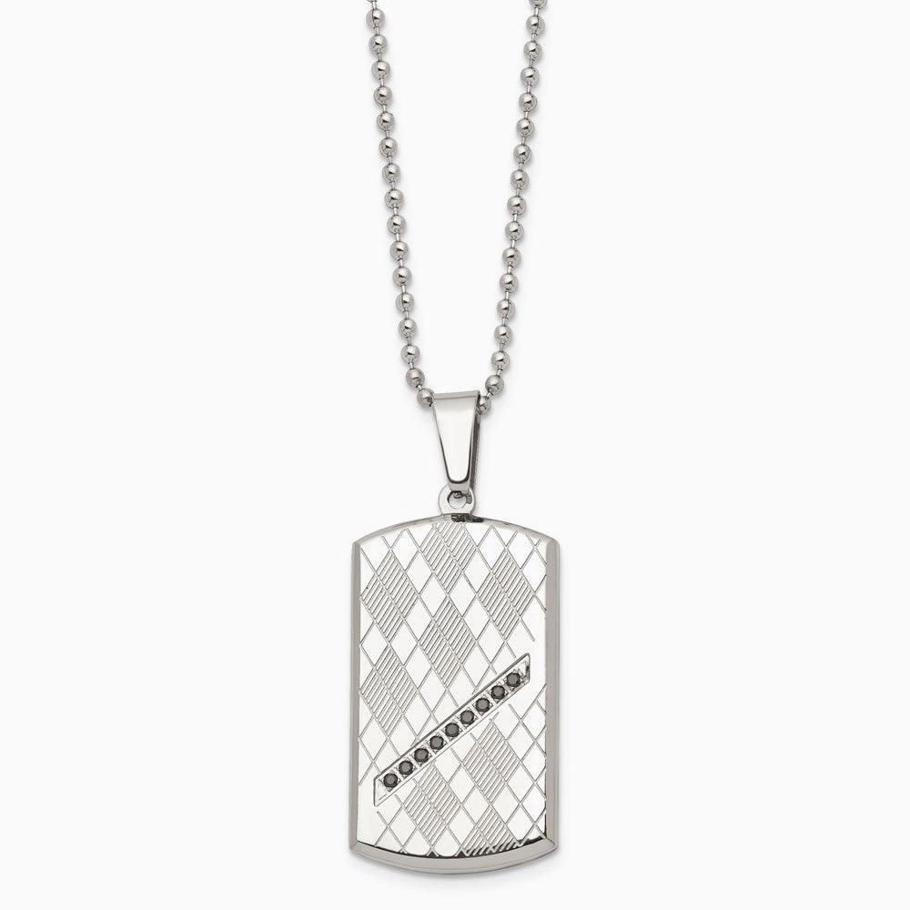 Stainless Steel Polished & Textured Black CZ Dog Tag Necklace