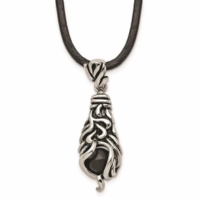 Stainless Steel Polished/Antiqued Moveable Black Agate Necklace