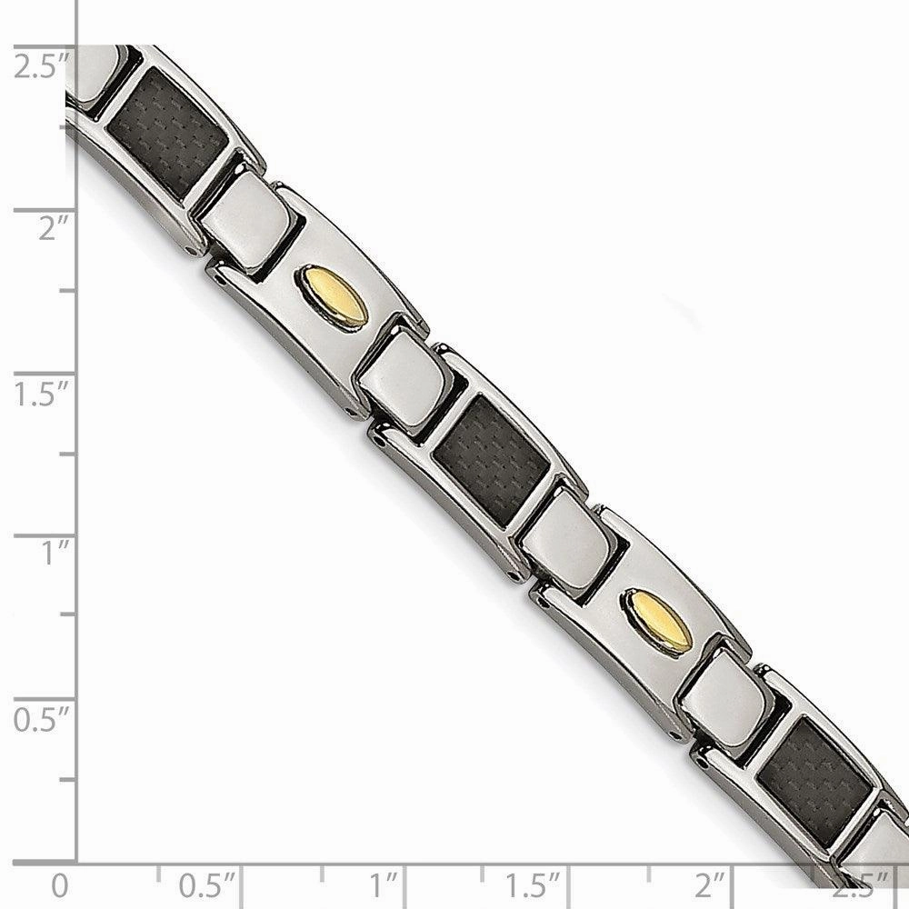 Stainless Steel Polished Black Carbon Fiber Inlay & Yellow IP Bracelet
