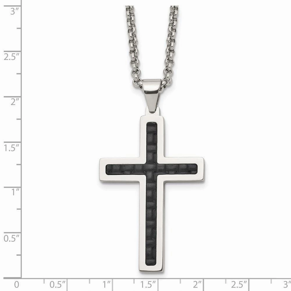 Stainless Steel Polished Black Genuine Leather Inlay Cross Necklace