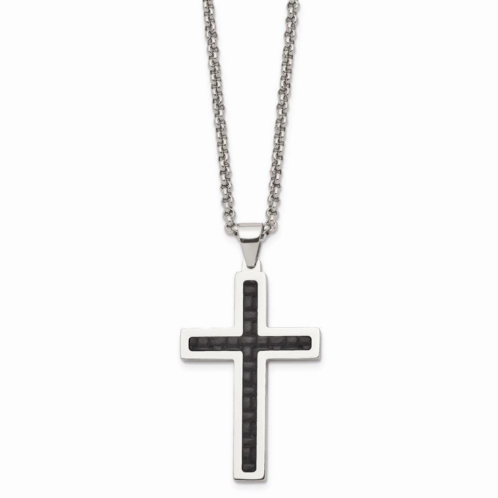 Stainless Steel Polished Black Genuine Leather Inlay Cross Necklace
