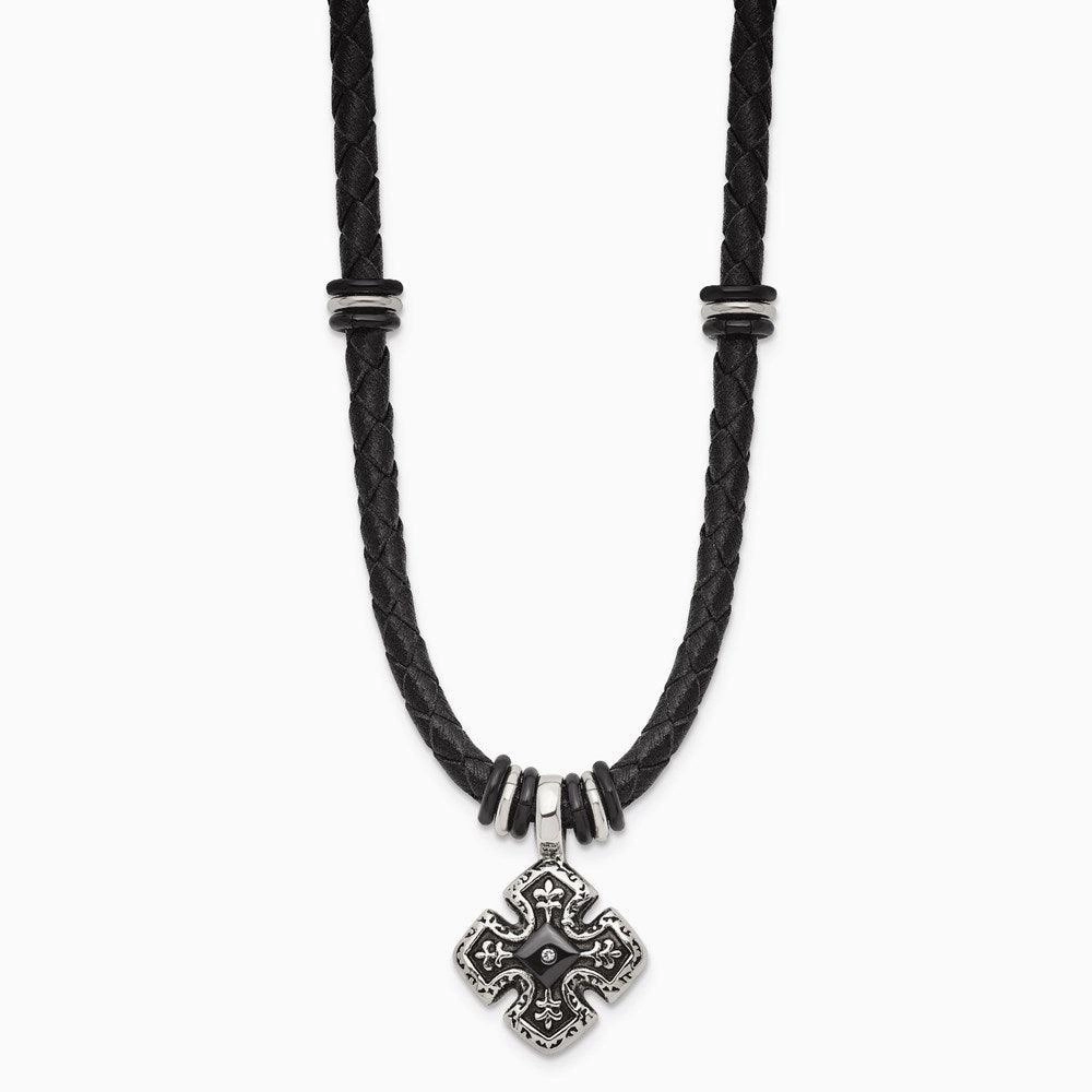 Stainless Steel Polished Black IP Braided Blk Leather CZ Necklace