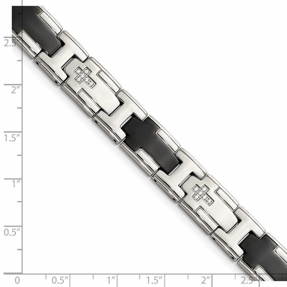 Stainless Steel Polished Black IP-plated with CZ Cross Bracelet