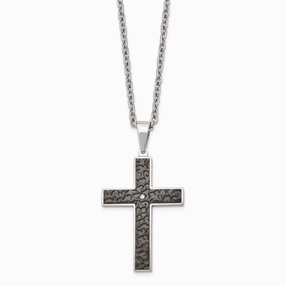 Stainless Steel Polished Black IP Textured CZ Cross Necklace