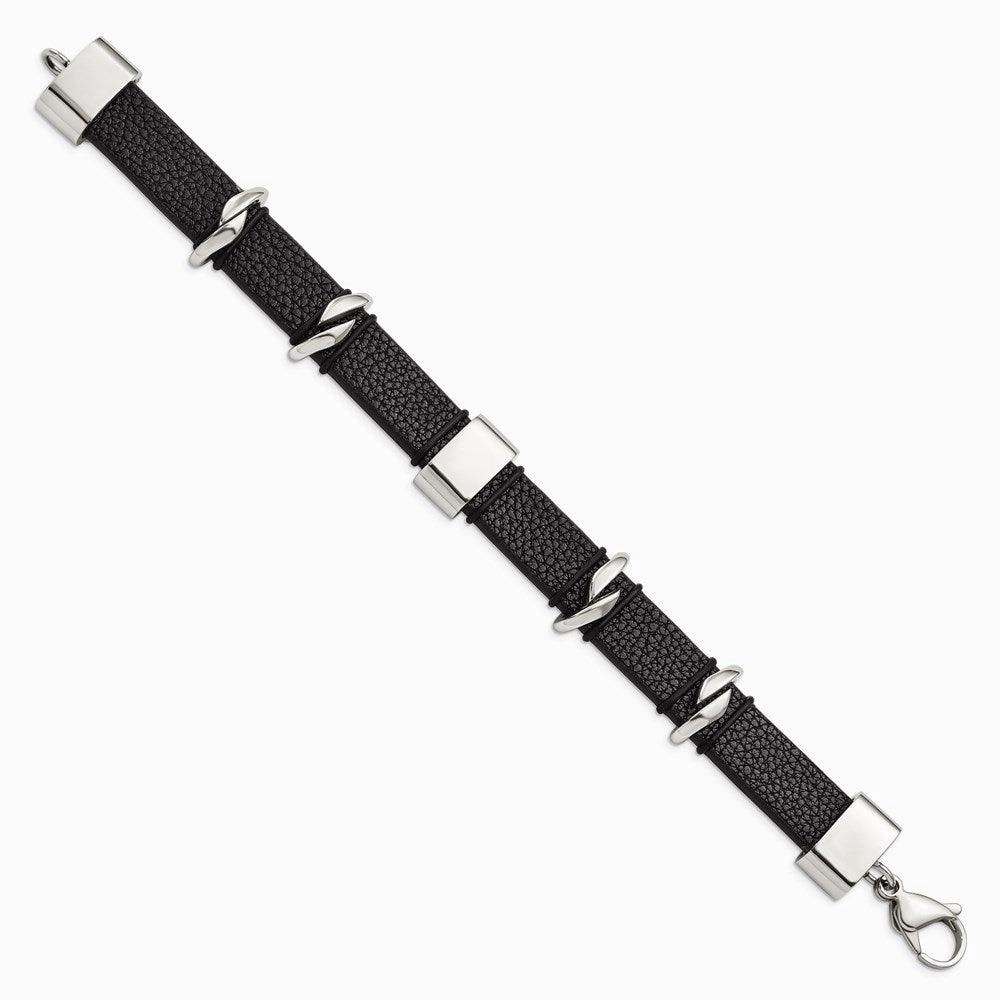 Stainless Steel Polished Black Leather Bracelet