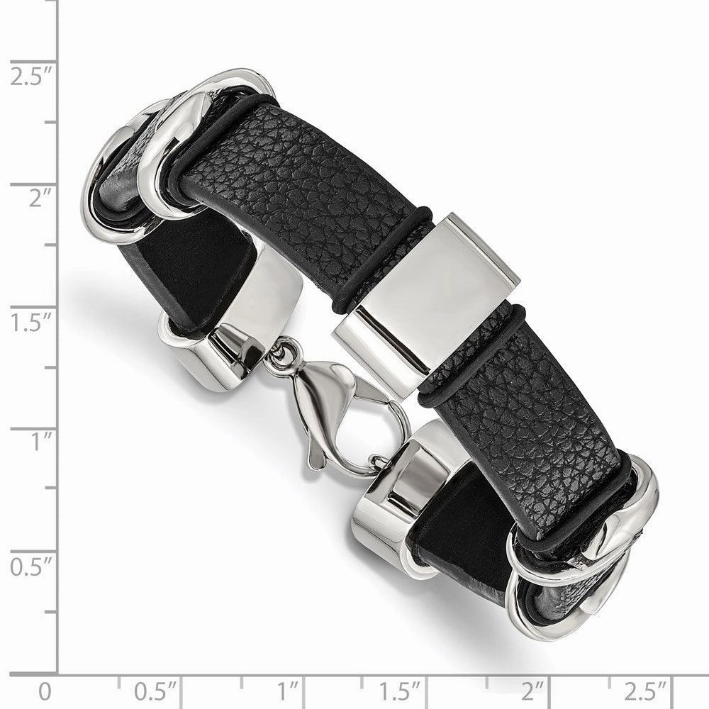 Stainless Steel Polished Black Leather Bracelet