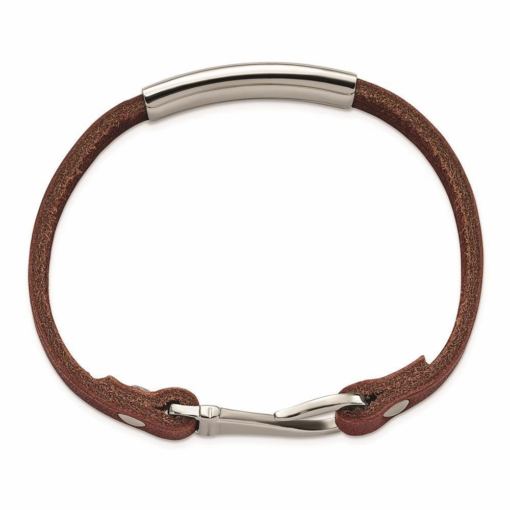 Stainless Steel Polished ID Brown Leather Bracelet