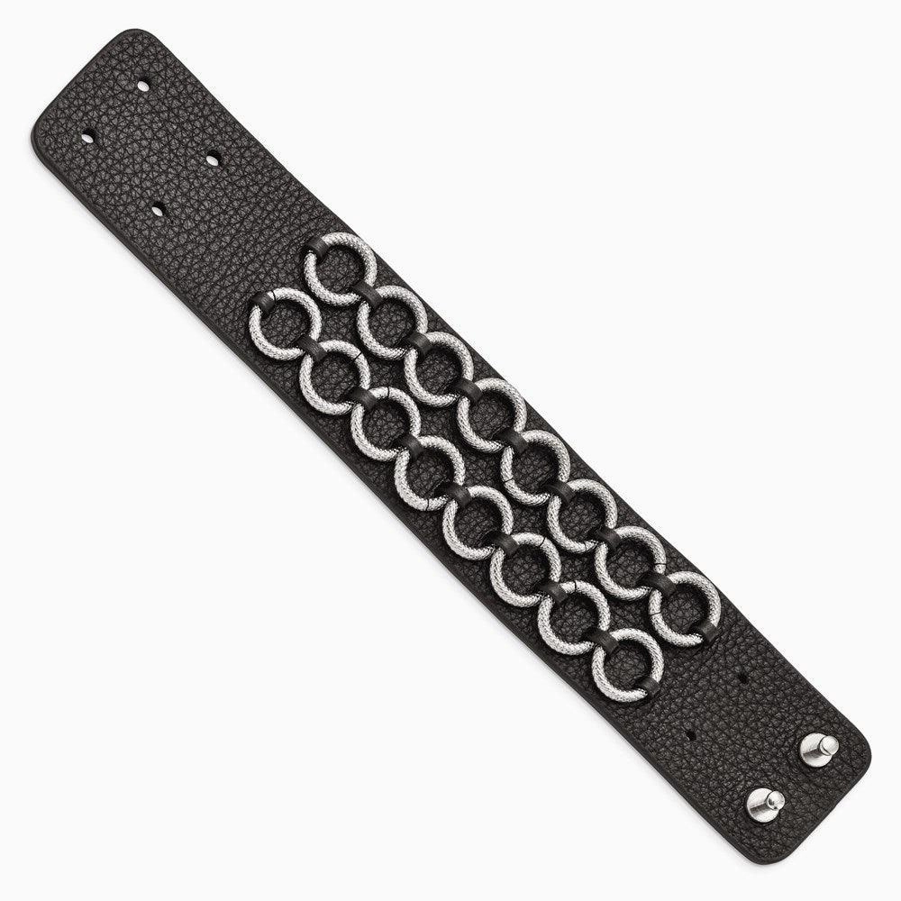 Stainless Steel Polished Textured Black Leather Bracelet