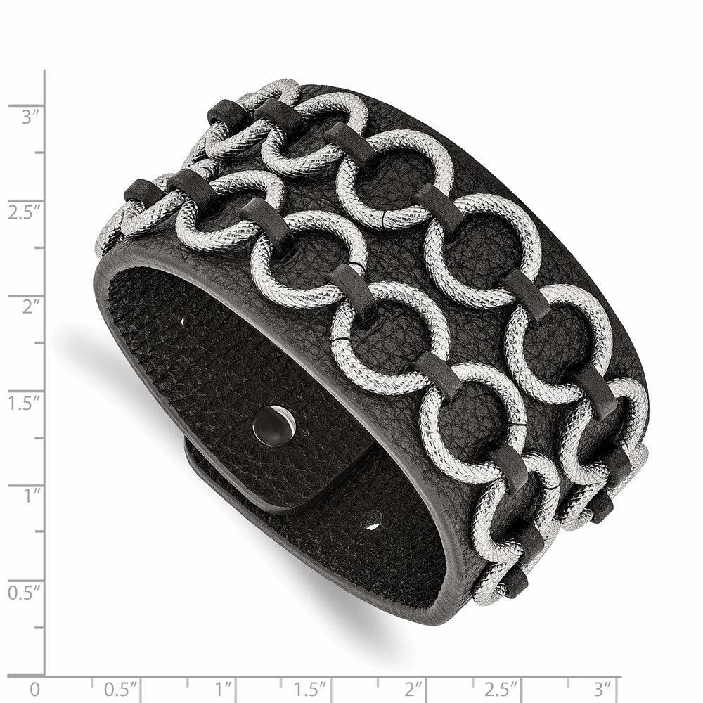 Stainless Steel Polished Textured Black Leather Bracelet