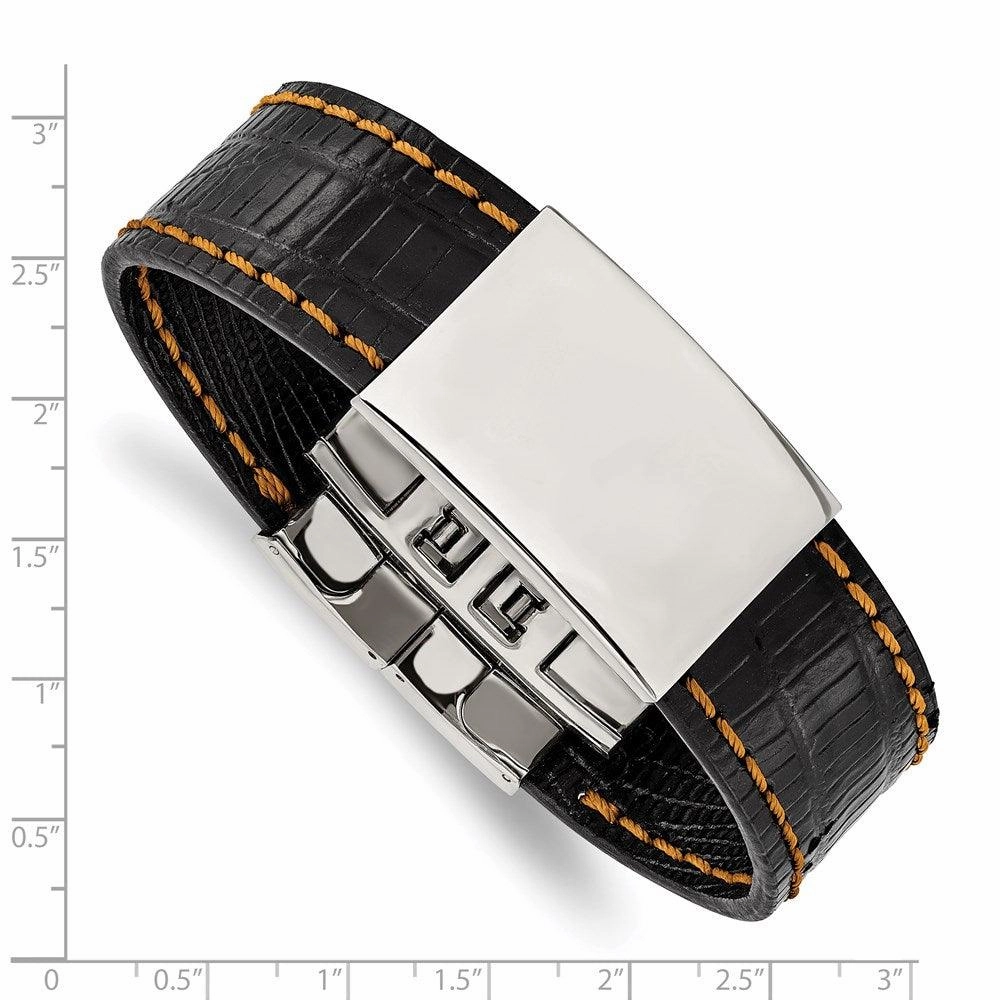 Stainless Steel Shiny Polished Plate Black with Orange Stitching Bracelet