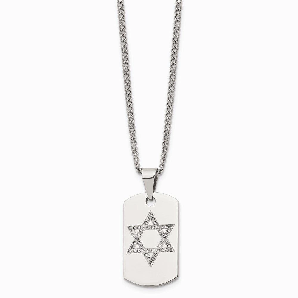 Stainless Steel Star of David CZ Dog Tag Polished Necklace