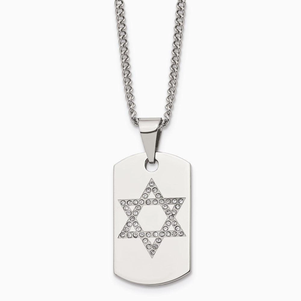 Stainless Steel Star of David CZ Dog Tag Polished Necklace