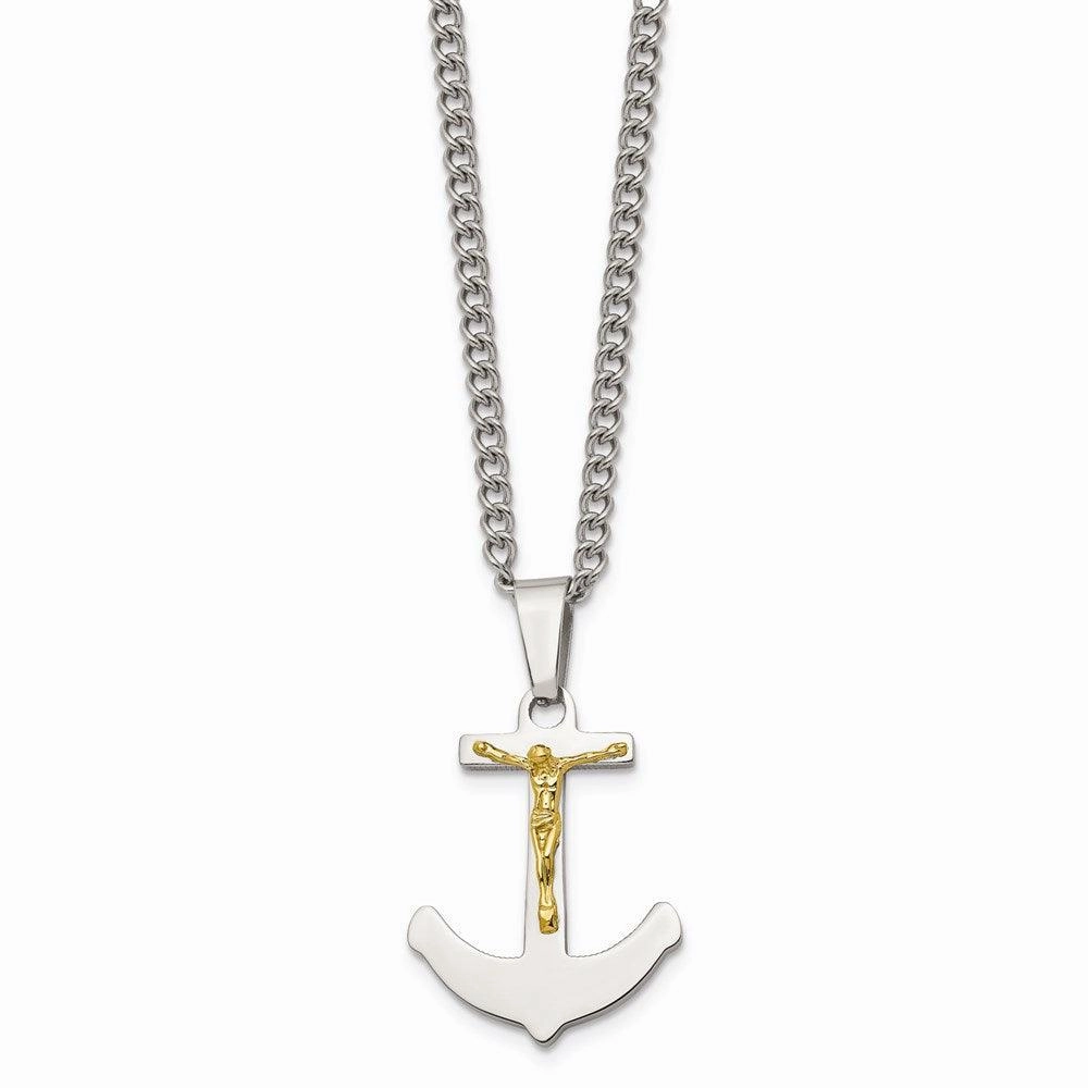 Stainless Steel w/14k Gold Crucifix Anchor Necklace