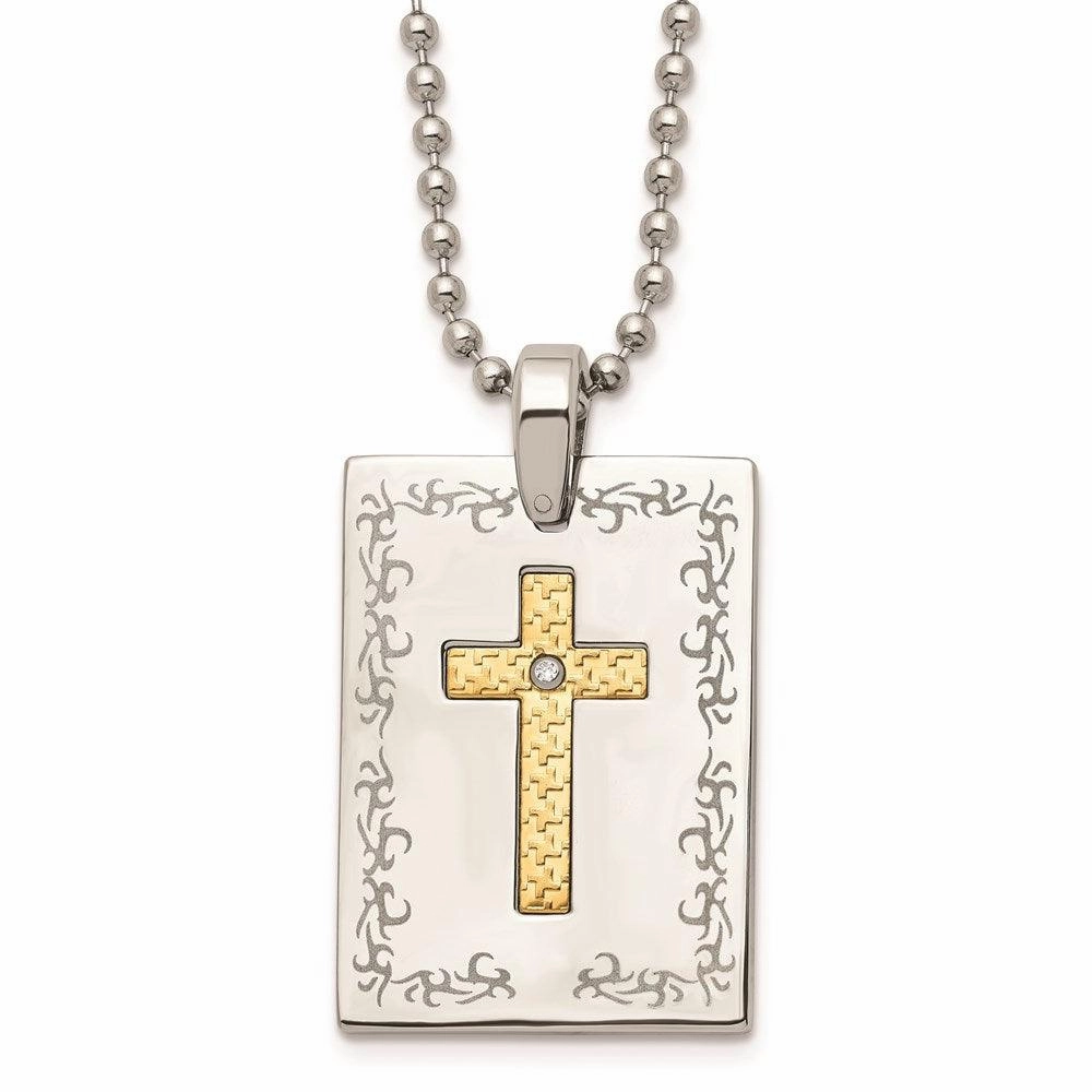 Stainless Steel w/18k Polished Laser Etched Square Cross Diamond Necklace