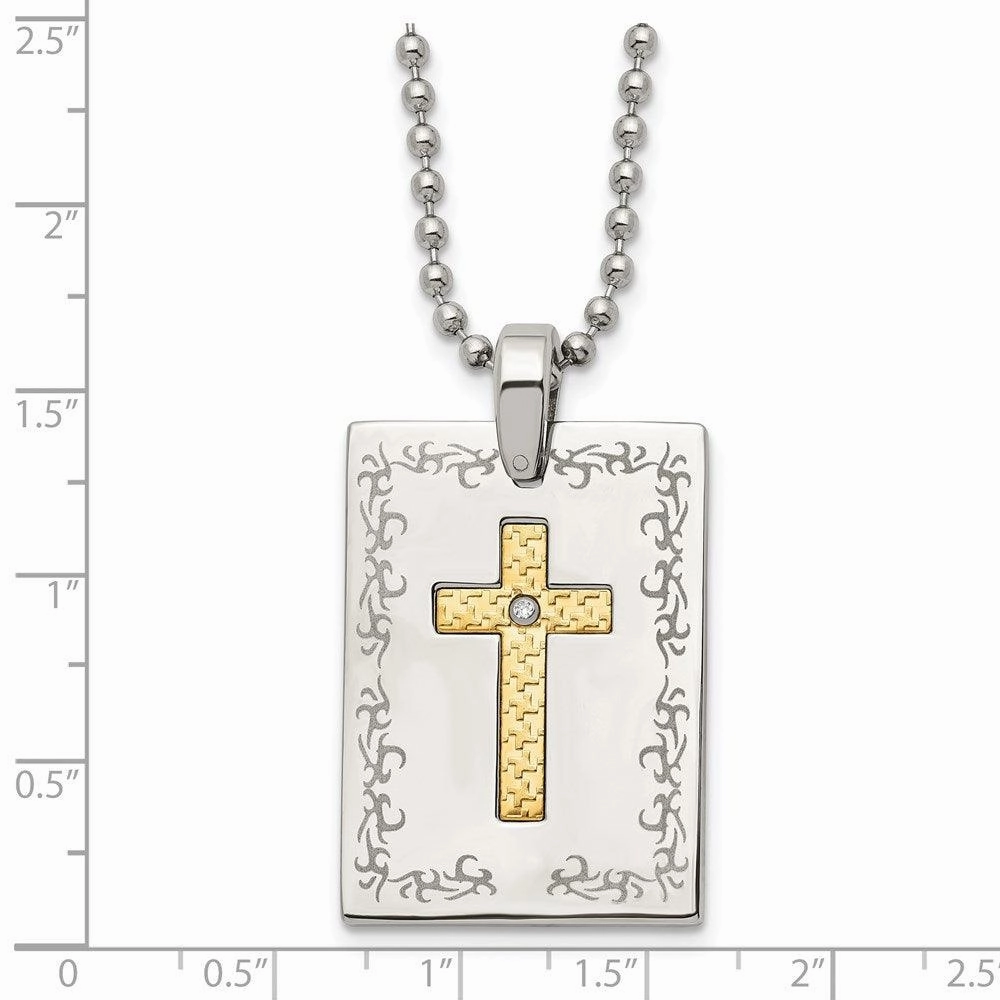 Stainless Steel w/18k Polished Laser Etched Square Cross Diamond Necklace