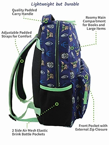 Star Wars Mandalorian Baby Yoda Boy's Girl's Adult 16 Inch School Backpack (One Size, Blue/Green)