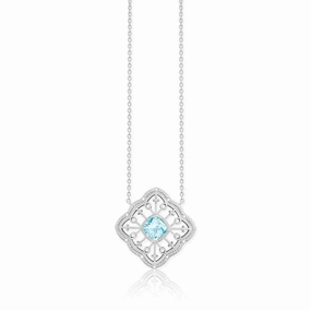 Sterling Silver Blue Topaz Square Diamond Necklace
