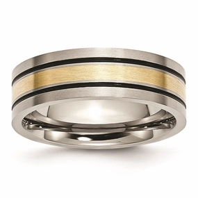 Titanium 14k Yellow Inlay Flat 7mm Brushed and Antiqued Band | TB20