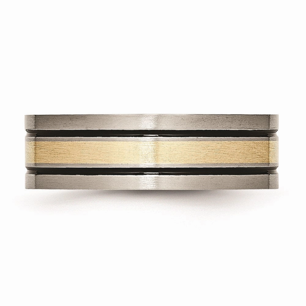 Titanium 14k Yellow Inlay Flat 7mm Brushed and Antiqued Band | TB20
