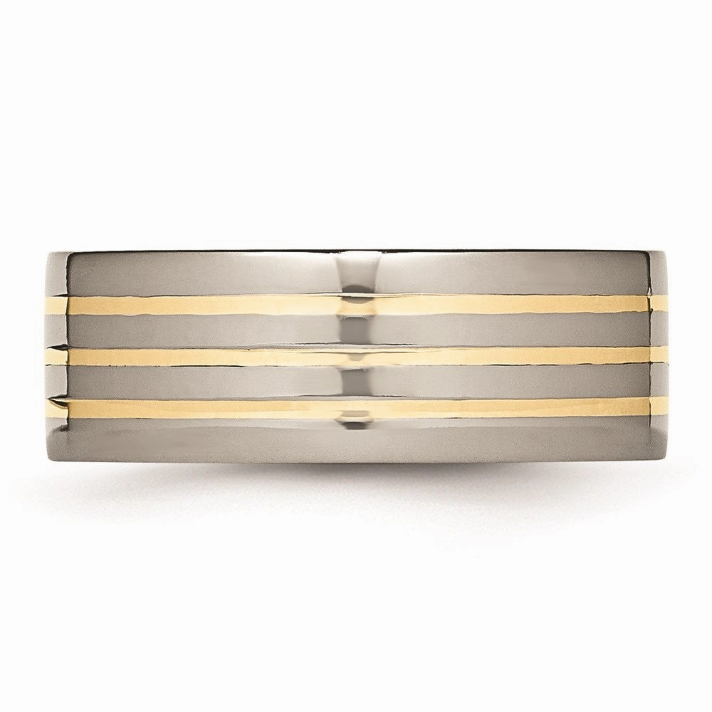 Titanium 14k Yellow Inlay Flat 8mm Polished Band | TB227