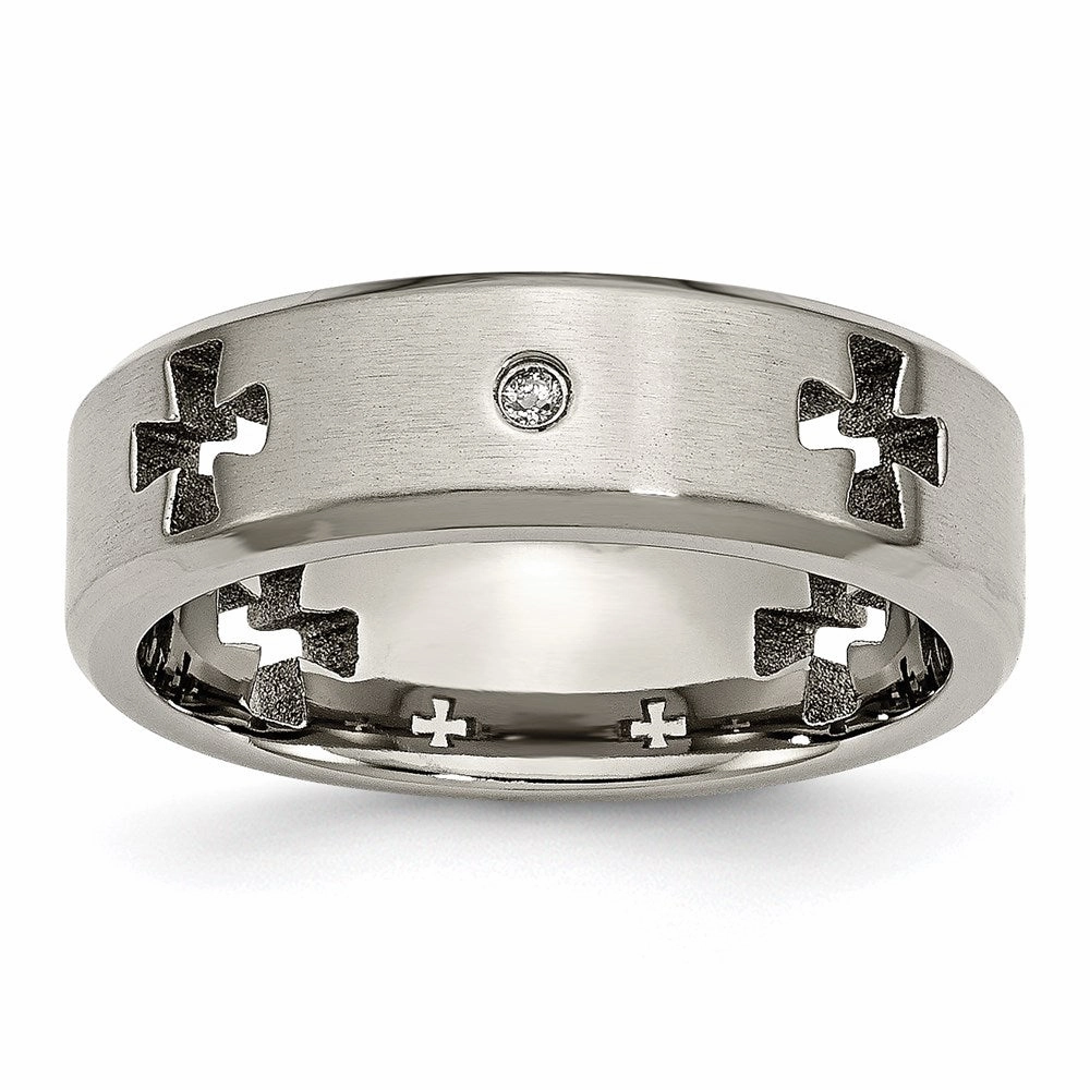 Titanium Celtic Cross Cut Out w/Diamond 7mm Brushed/Polished Band | TB264AA