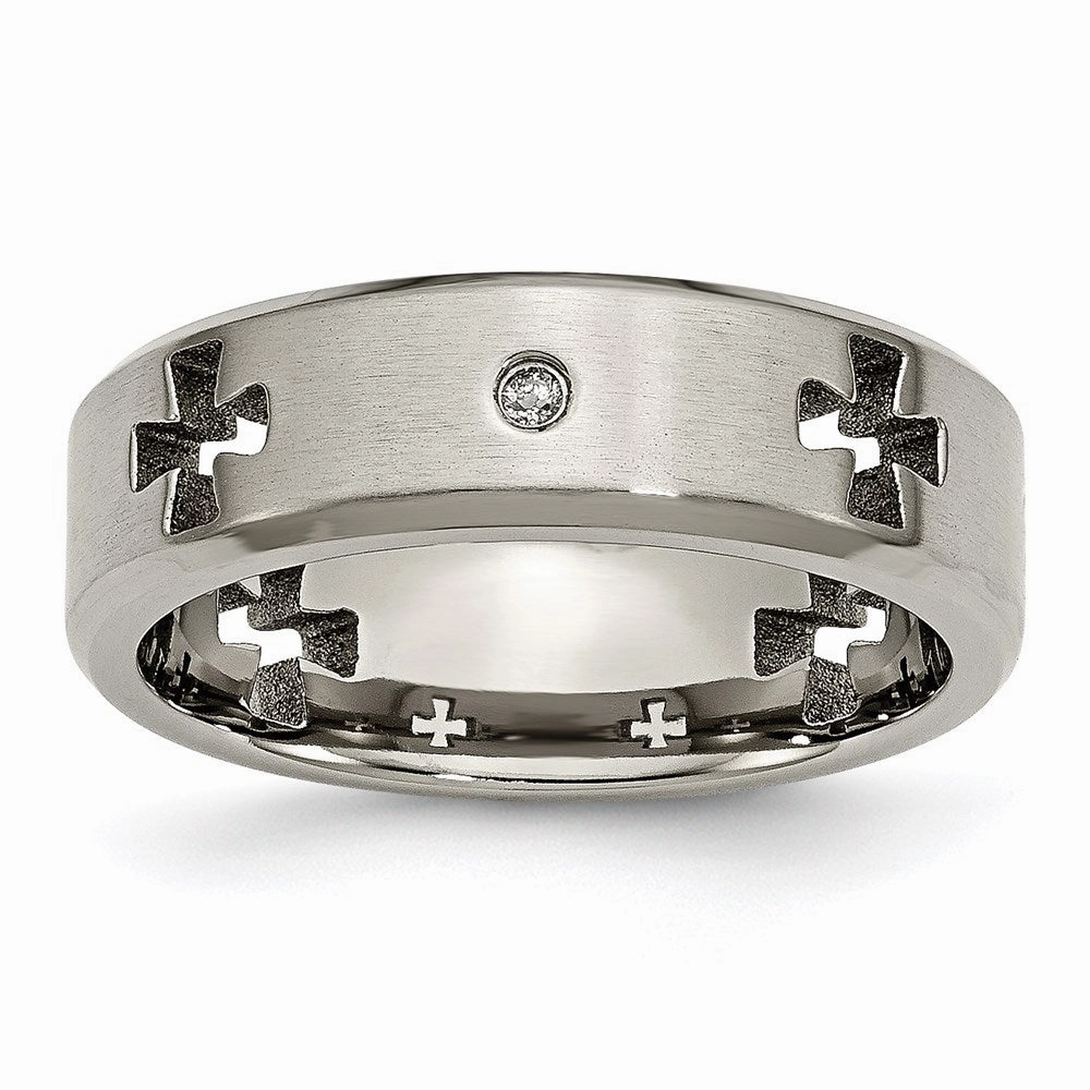Titanium Celtic Cross Cut Out w/Diamond 7mm Brushed/Polished Band | TB264AA