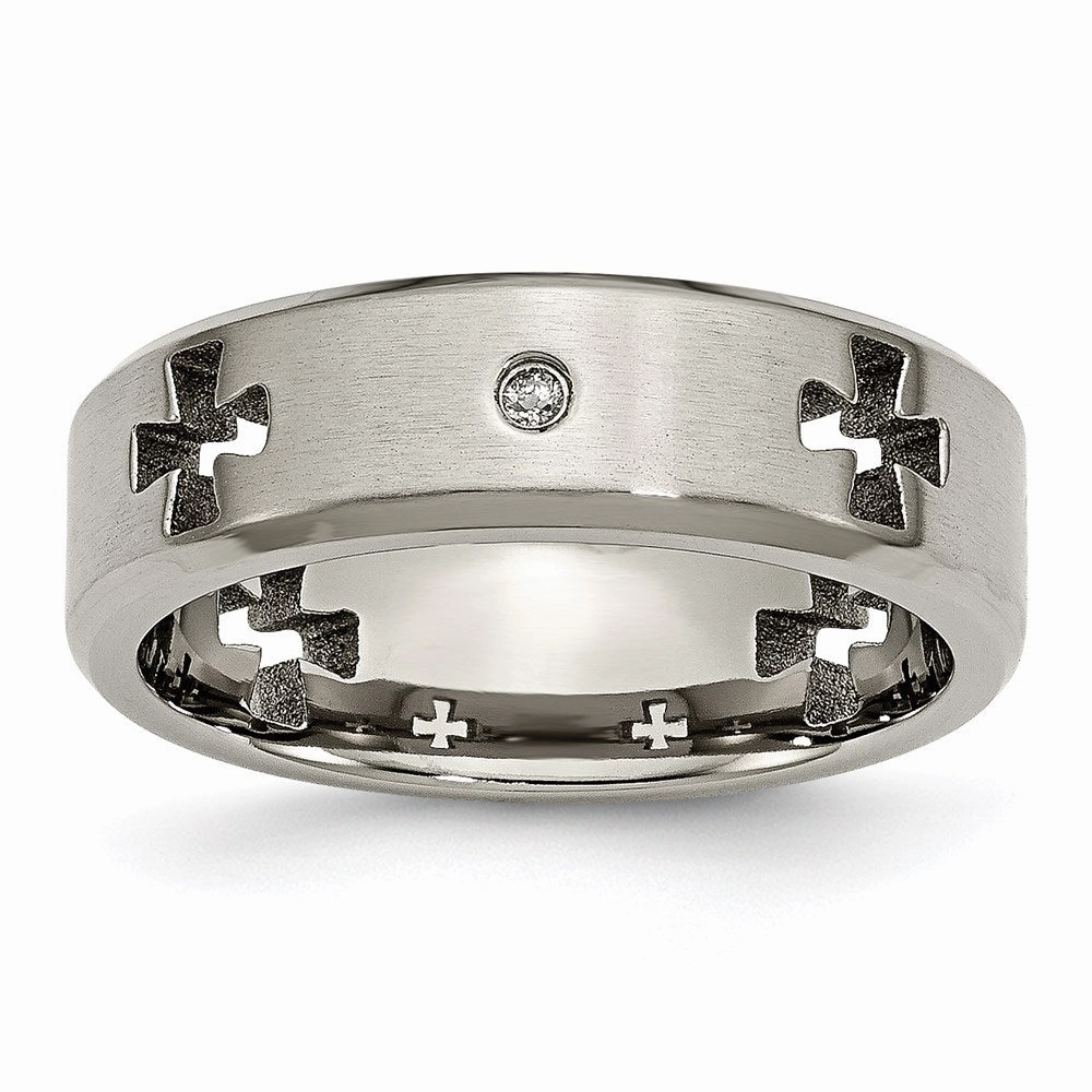Titanium Celtic Cross Cut Out w/Diamond 7mm Brushed/Polished Band | TB264AA