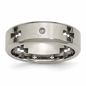 Titanium Celtic Cross Cut Out w/Diamond 7mm Brushed/Polished Band | TB264AA