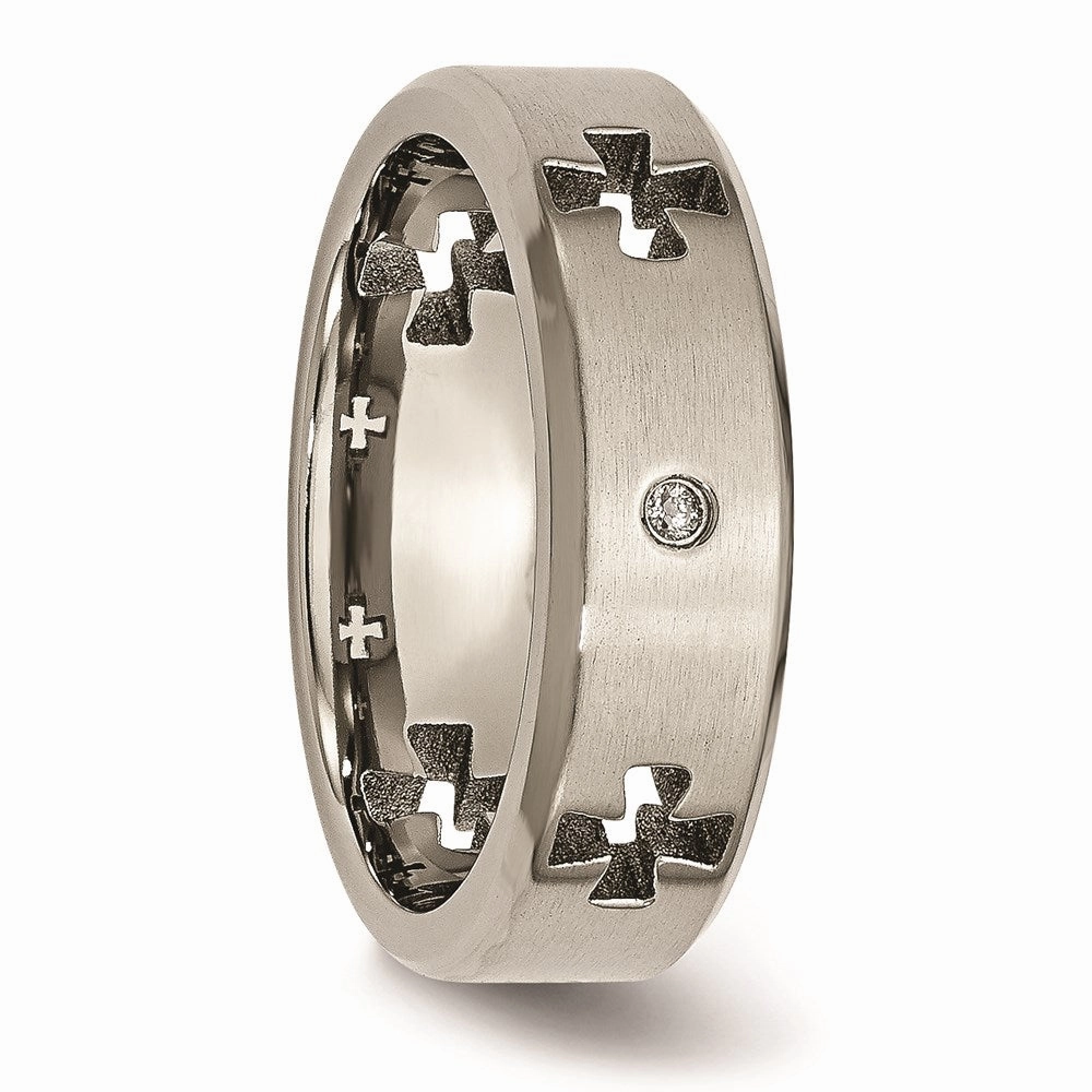 Titanium Celtic Cross Cut Out w/Diamond 7mm Brushed/Polished Band | TB264AA