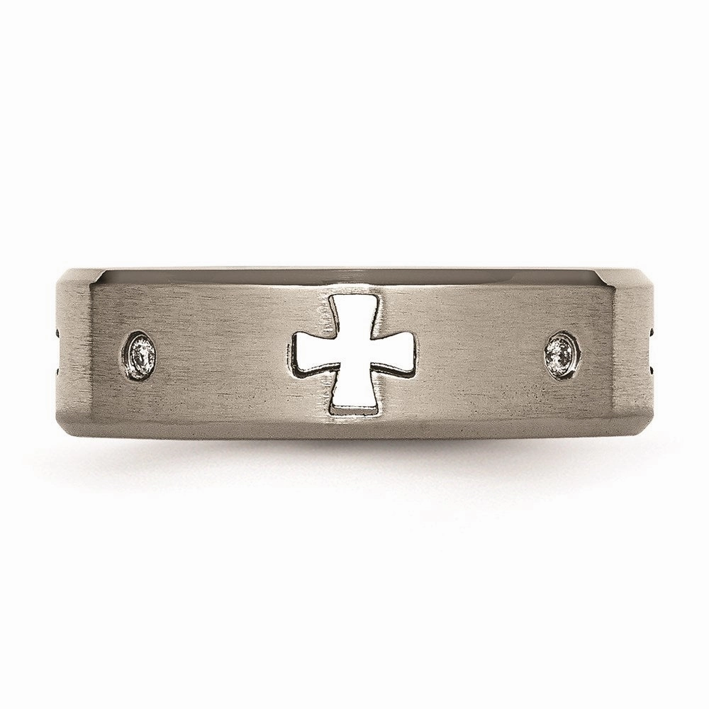 Titanium Celtic Cross Cut Out w/Diamond 7mm Brushed/Polished Band | TB264AA