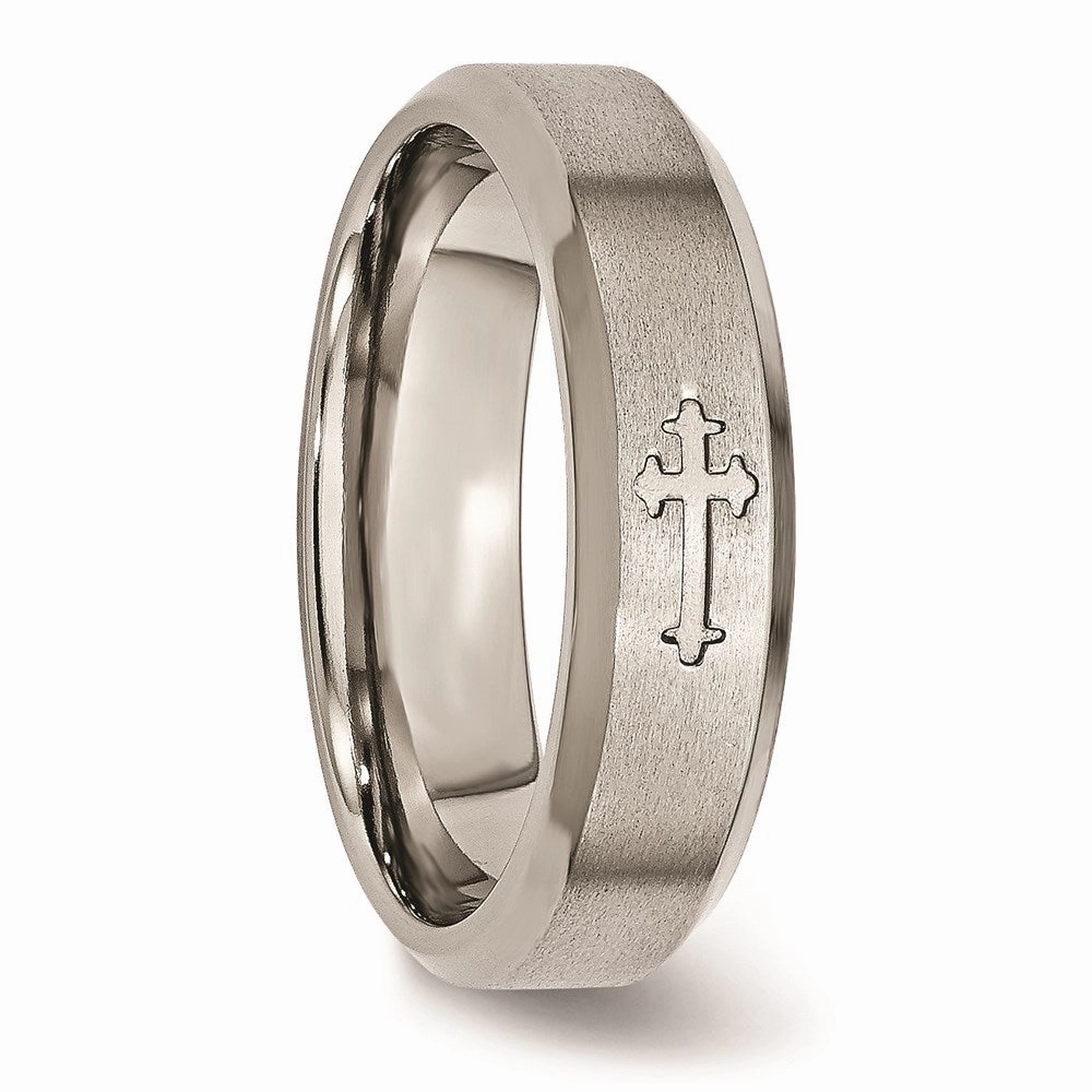 Titanium Cross Design 6mm Satin Beveled Edge Band | TB334