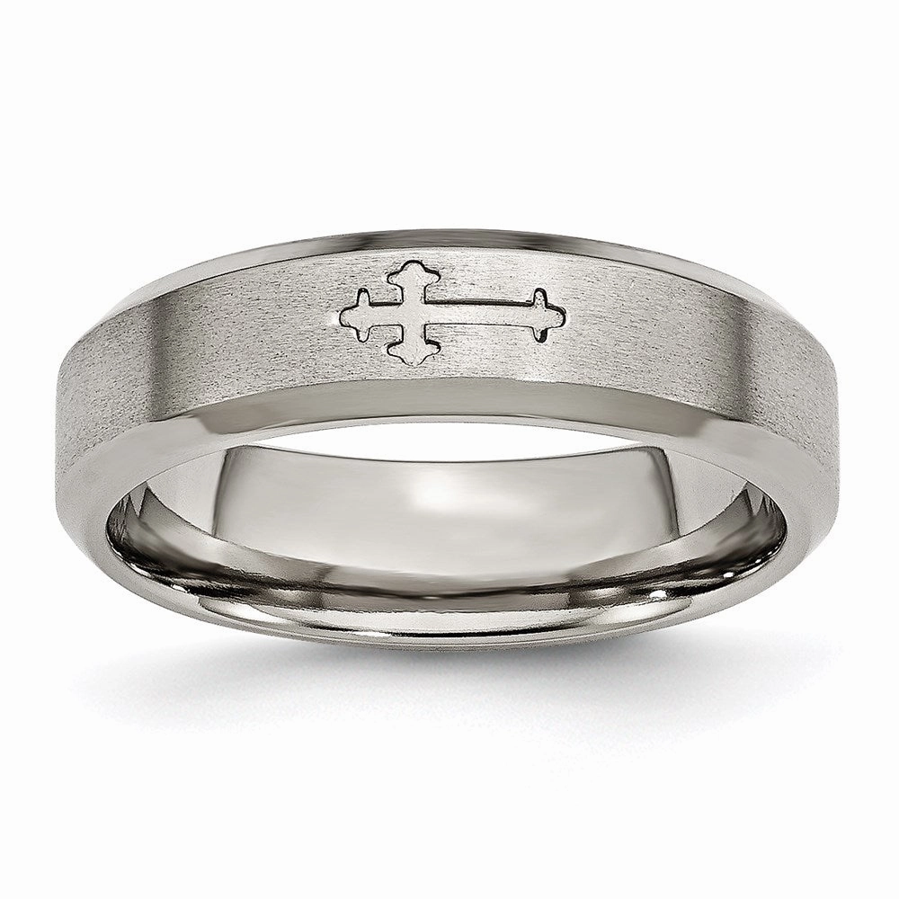 Titanium Cross Design 6mm Satin Beveled Edge Band | TB334