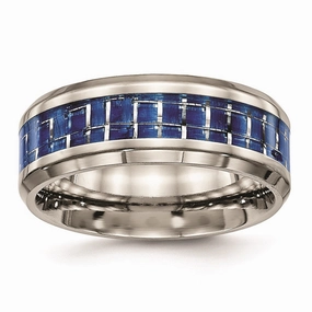Titanium Polished Blue/White Carbon Fiber Inlay Ring | TB466