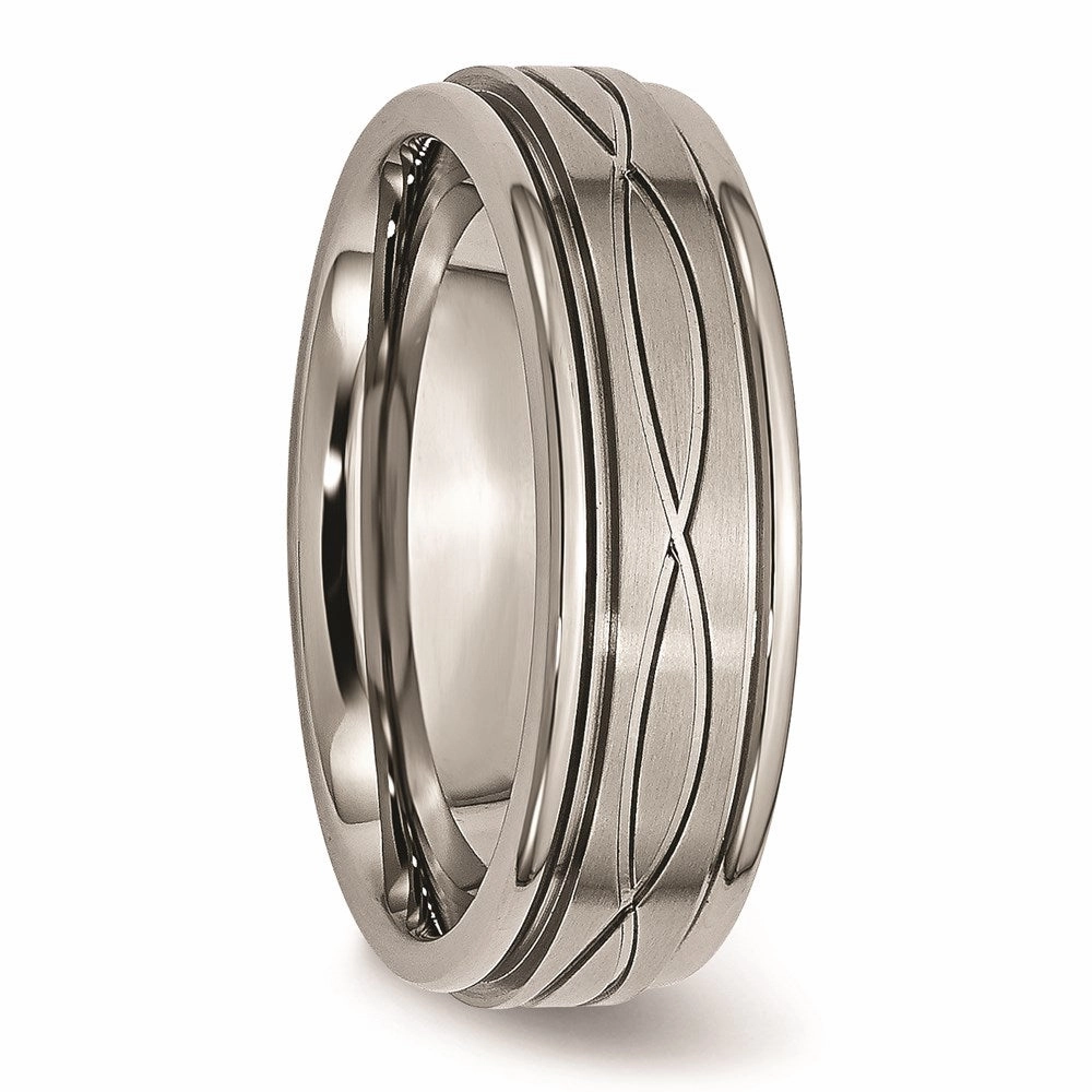 Titanium Polished Criss-cross Design Brushed Center Ridged Edge Band | TB73