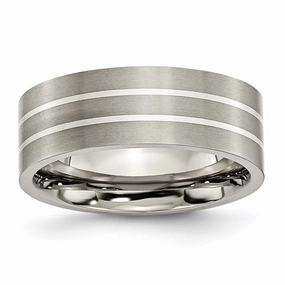 Titanium Sterling Silver Inlay Flat 8mm Brushed Band | TB213