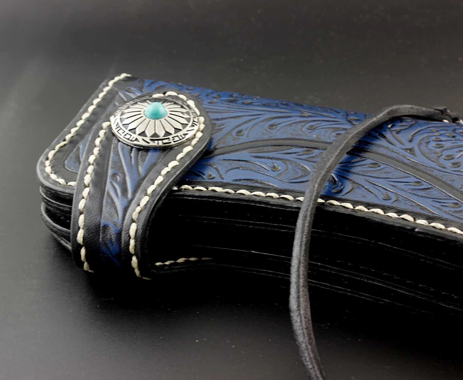 Tooled Handmade Blue Leather Men's Chain Wallet Motorcycle Wallet Long Wallet with Chain For Men