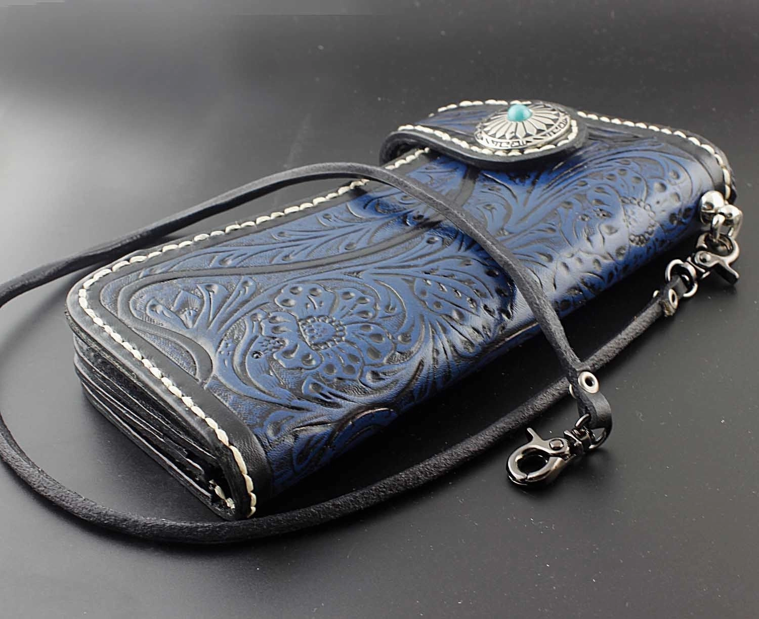 Tooled Handmade Blue Leather Men's Chain Wallet Motorcycle Wallet Long Wallet with Chain For Men