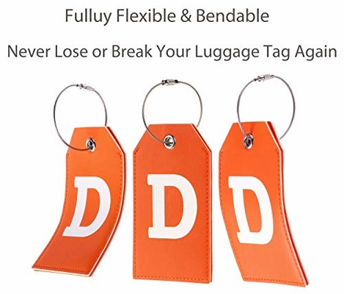Toughergun Initial Letter Luggage Tag Leather with Full Privacy Cover and Travel Bag Tag Orange 1 pcs Set(D)