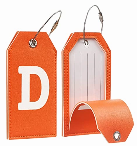 Toughergun Initial Letter Luggage Tag Leather with Full Privacy Cover and Travel Bag Tag Orange 1 pcs Set(D)