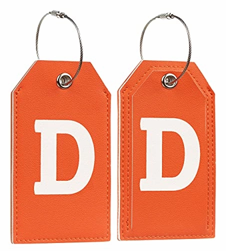 Toughergun Initial Letter Luggage Tag Leather with Full Privacy Cover and Travel Bag Tag Orange 1 pcs Set(D)