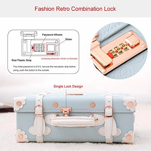 Unitravel 12inch Vintage Carry on Suitcase PU Leather Train Case with Combination Lock for Women (Embossed Blue)