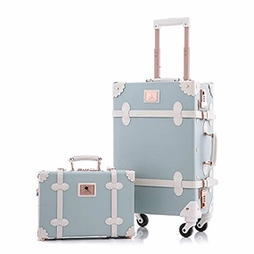 Unitravel Vintage Luggage Set 20 inch PU Leather Women Suitcase with 12 inch Handbag (Embossed Blue)