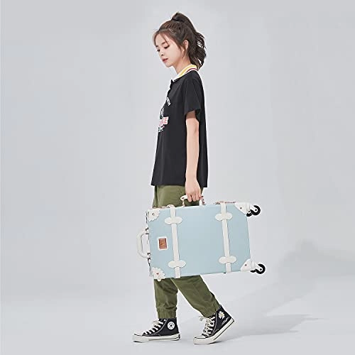 UNIWALKER 2 Piece Vintage Luggage Set 26inch Spinner Trunk with 20inch Carry on Cute Suitcase for Women (Embossed Blue)