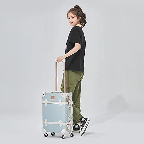 UNIWALKER 2 Piece Vintage Luggage Set 26inch Spinner Trunk with 20inch Carry on Cute Suitcase for Women (Embossed Blue)